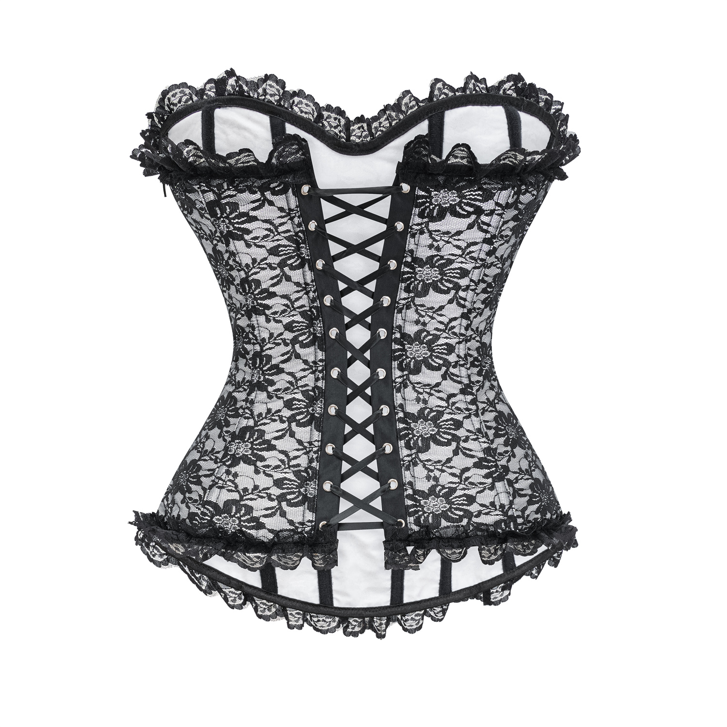 Womens Gothic Lace-Up Overbust Corset with Floral Jacquard and Lace Trim